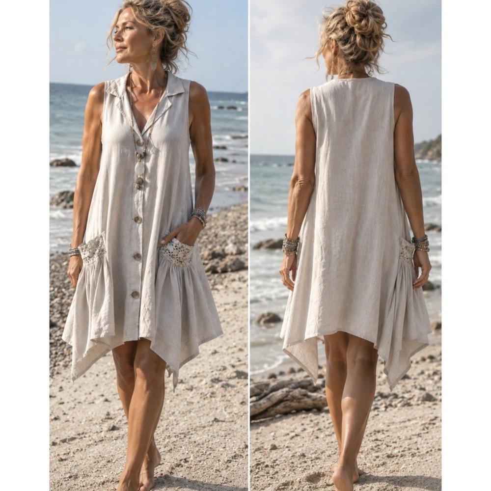 For Cynthia Linen Asymmetrical Shirt Dress Size XL Lagenlook Artsy Coastal NWT